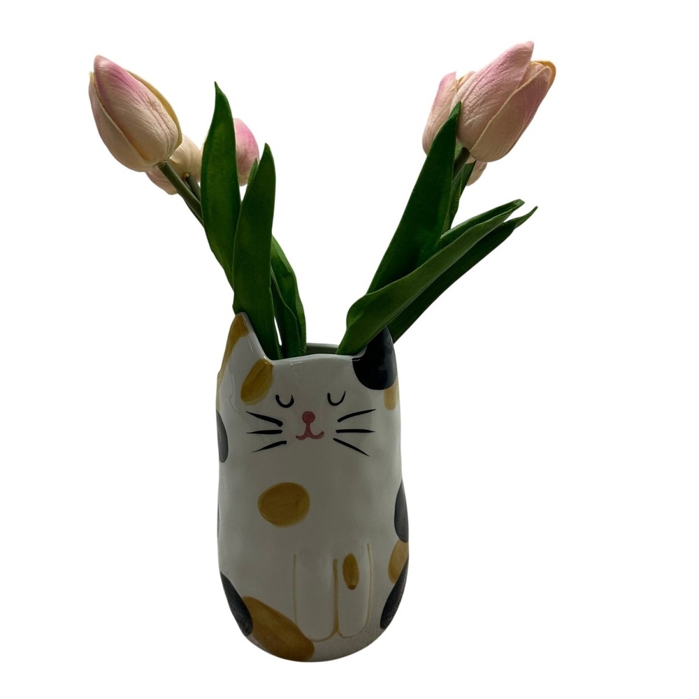 Potters Studio Calico Cat Ceramic Vase White Black Tan Glossy Novelty Decor 7in